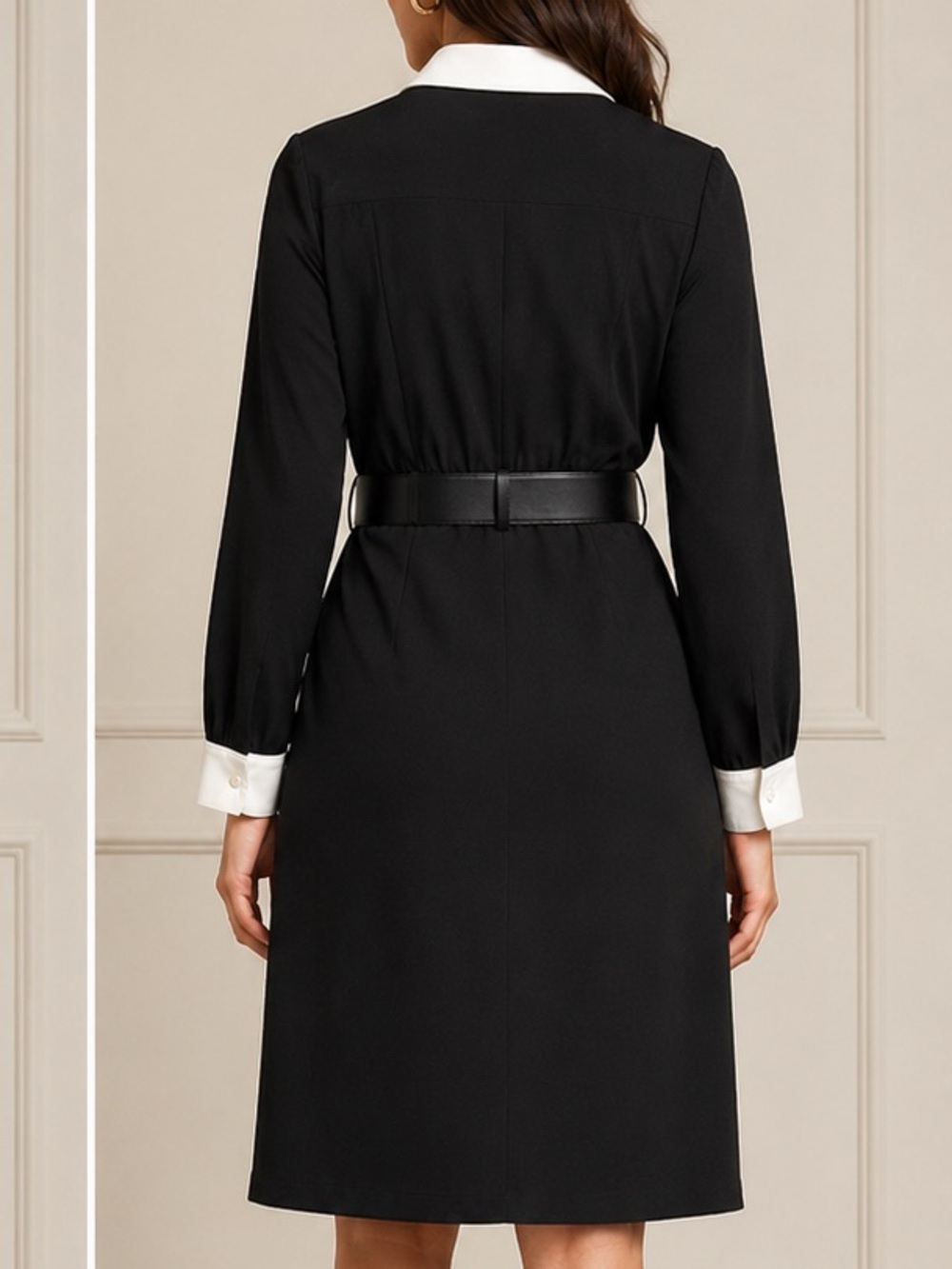 NWT Ann Taylor Black  Long-Sleeve Shirt-Collar Dress with White Collar & Cuffs - Picture 2 of 9